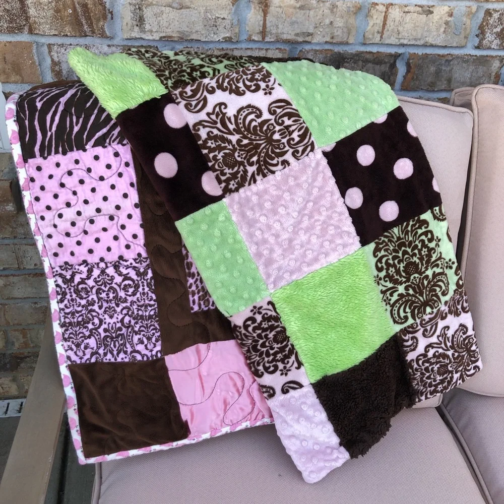 Lot Of 1 Baby Girl Pink Brown Green Cotton Quilt and 1 Soft Blanket Patchwork